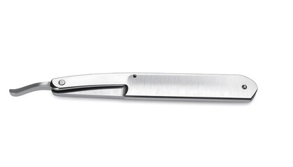 A sleek, silver straight razor, open, rests on a white background