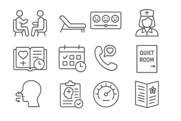 Mental health icons set: therapy, counseling, nurse, quiet room, calendar