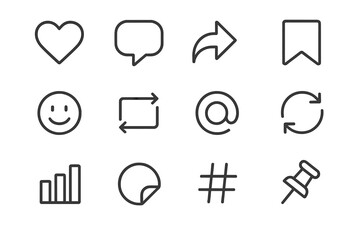 Fototapeta premium Set of 12 social media icons on dark background: heart, speech, arrow