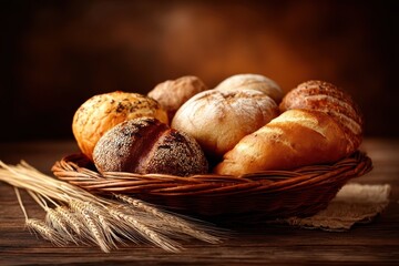 A rustic basket filled with assorted artisanal bread rolls sits on a wooden table with wheat stalks, creating a warm and inviting atmosphere