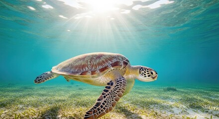 Obraz premium Green Sea Turtle Swimming Underwater with Sun Rays