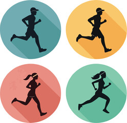 Running People Icons Set, Male and Female Runners with Long Shadow Vector