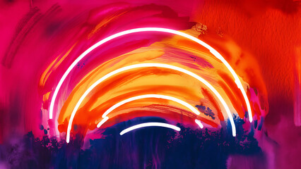 Vibrant neon rainbow archway illuminates a crowd in abstract light show watercolor background