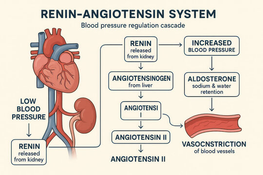 Renin-Angiotensin System Illustration: Blood Pressure Regulation Cascade in the Human Body - Illustration