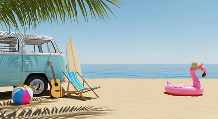 Idyllic beach vacation scene with vintage van, surfboard, and inflatable flamingo conveying summer