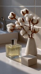 Elegant white bathroom counter with glass perfume bottle and cotton display