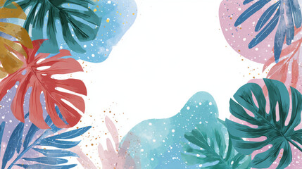 Summer greeting clipart poster set. Summer tropical leaves clip art in colorful abstract background collection for seasonal greeting card vector illustration.