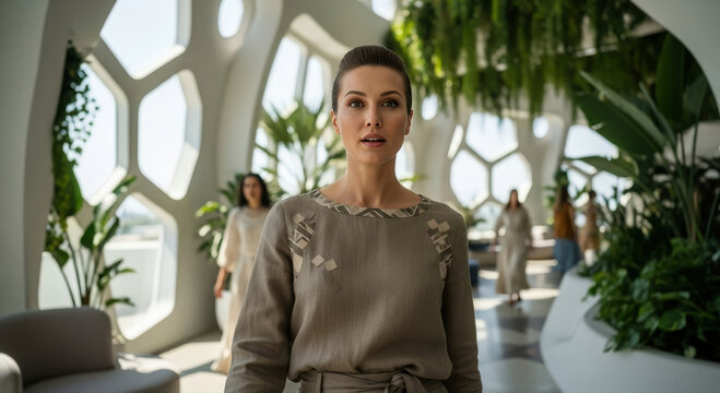 Elegant woman walking towards camera, with two people behind her, in modern interior with honeycomb design and big windows