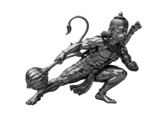 Silver Hanuman Statue in Dynamic Attack Pose Isolated on Transparent Background