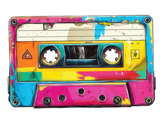 Naklejka premium Colorful retro cassette tape on a white background, png, transparent