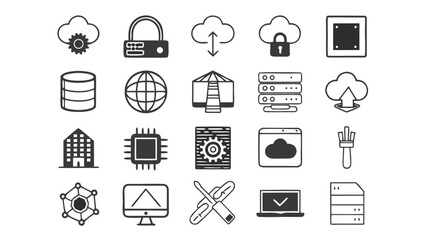 Monochrome Vector Icons Depicting Cloud Computing, IT and Network Infrastructure on White Background, Line Art Style                                  
