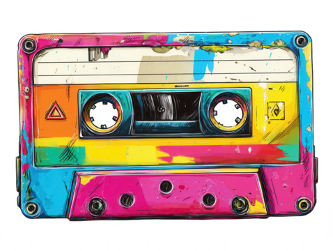 Colorful retro cassette tape on a white background, png, transparent