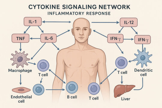 Cytokine Signaling Network Illustration: Inflammatory Response and Human Immune System, Scientific Diagram [Illustration]