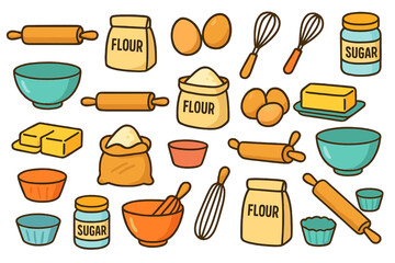 Baking essentials arranged on a flat surface, featuring various ingredients and tools for baking pastries and cakes