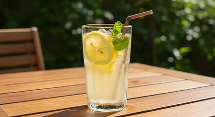 Limonada refrescante com lim&atilde;o e hortel&atilde; para o ver&atilde;o em um dia ensolarado e quente