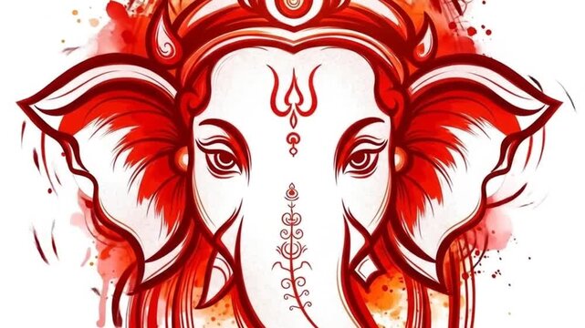 Abstract red ink style line art of Lord Ganesha head for Ganesh Chaturthi Hindu festival spiritual background poster banner template for devotion prayer and celebration design See Less