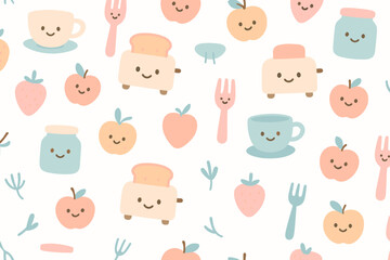 Cute and colorful kitchen pattern featuring cheerful food items and utensils for a whimsical design