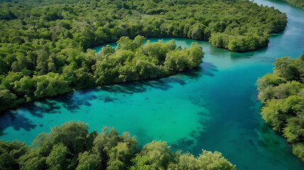 Obraz premium The river forms a gentle curve, creating a natural boundary between dense forested areas on either side. In the center of the river, a small boat with a few indistinct figures is visible
