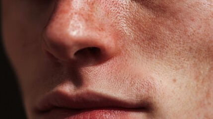 Obraz premium Close-up of a Persons Face Showcasing Skin Texture and Features Under Soft Lighting
