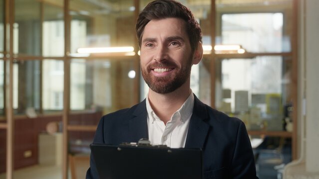 Business man Caucasian thoughtful male businessman reading document contract in office bank employee sign insurance successful deal smiling happy middle-aged guy contractor manager consider project