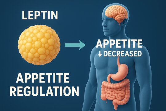 Leptin and Appetite Regulation - Illustration. Showing the relationship between the hormone Leptin and the decrease in appetite.