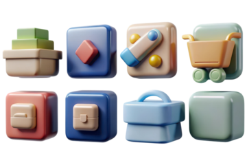 Collection of 3d icons representing e commerce and shopping isolated on transparent background