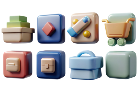 Collection of 3d icons representing e commerce and shopping isolated on transparent background