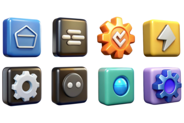 Collection of eight 3d game icons isolated on transparent background