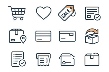 Shopping icons depicting cart, sale tag, package, and payment symbols representing online purchasing experience