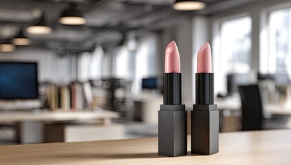 Two pink lipsticks on a light wooden surface in an office setting