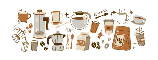 Minimalist coffee doodles and cafe stickers. Espresso machines, kettles, mugs, coffee beans, brewing tools. Vintage-style graphic icons. Brew shop elements.