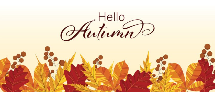 Autumn background with border of falling leaves on beige background with place for text. Design template for advertising, web, social media.Vector illustration.