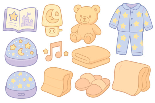 Cozy bedtime essentials for children featuring pajamas, teddy bear, and soothing nightlight in playful colors