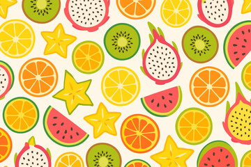 Colorful arrangement of tropical fruits showcases vibrant flavors and textures in a bright design perfect for summer festivities