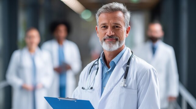 portrait of mature doctor wearing lab coat and stethoscope reading patient case file in hospital successful head physician standing in hospital hallway and looking at camera with his medical team no  - Powered by Adobe