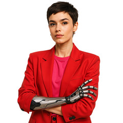 Young woman with prosthetic arm posing confidently in red blazer  