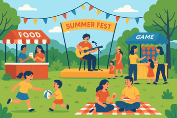 Summer festival activities in a park with music, food stalls, and games for families