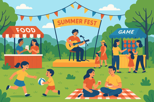 Summer festival activities in a park with music, food stalls, and games for families