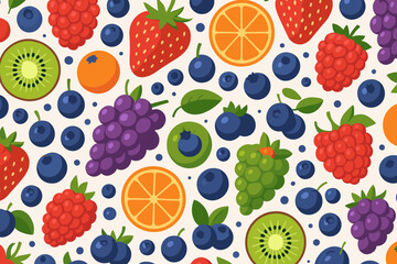 Colorful assortment of fresh fruits displayed in a vibrant pattern on a cream background