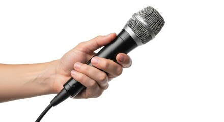 Hand holding microphone on white background