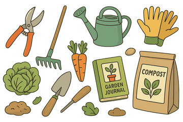 Gardening tools and supplies arranged for spring planting in a backyard garden