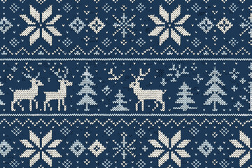 Cozy winter sweater pattern featuring traditional motifs of deer, trees, and snowflakes in blue and white colors