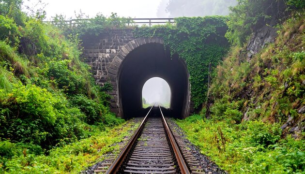 Entering Railway Tunnel Covered in Greenery on Overcast Day