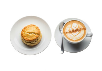 Scone and Latte Art: Breakfast Still Life on White