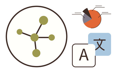 Molecule-inspired network diagram, pie chart showing data segments, and language translation blocks. Ideal for data analysis, communication, science, education, research, innovation and global