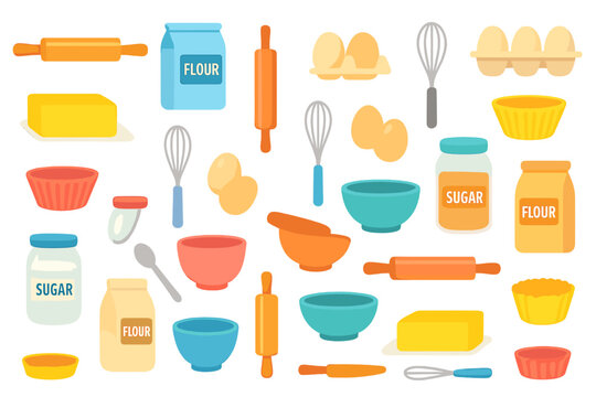 Cooking ingredients and tools arranged on a table for baking preparations in a bright kitchen setting