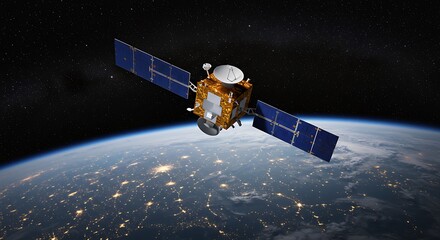Advanced communication satellite orbiting Earth showcasing global connectivity and technological innovation for telecommunications and data transmission services