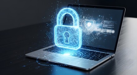 Digital padlock hovering above a laptop keyboard with a security shield icon