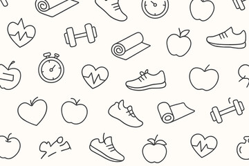Fitness and health themed pattern featuring workout icons, fruits, and equipment for motivation and wellness inspiration