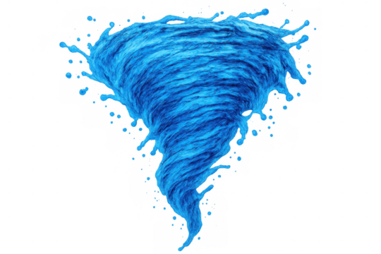 Swirling blue liquid forming a vortex and splashing droplets, isolated on a transparent background
